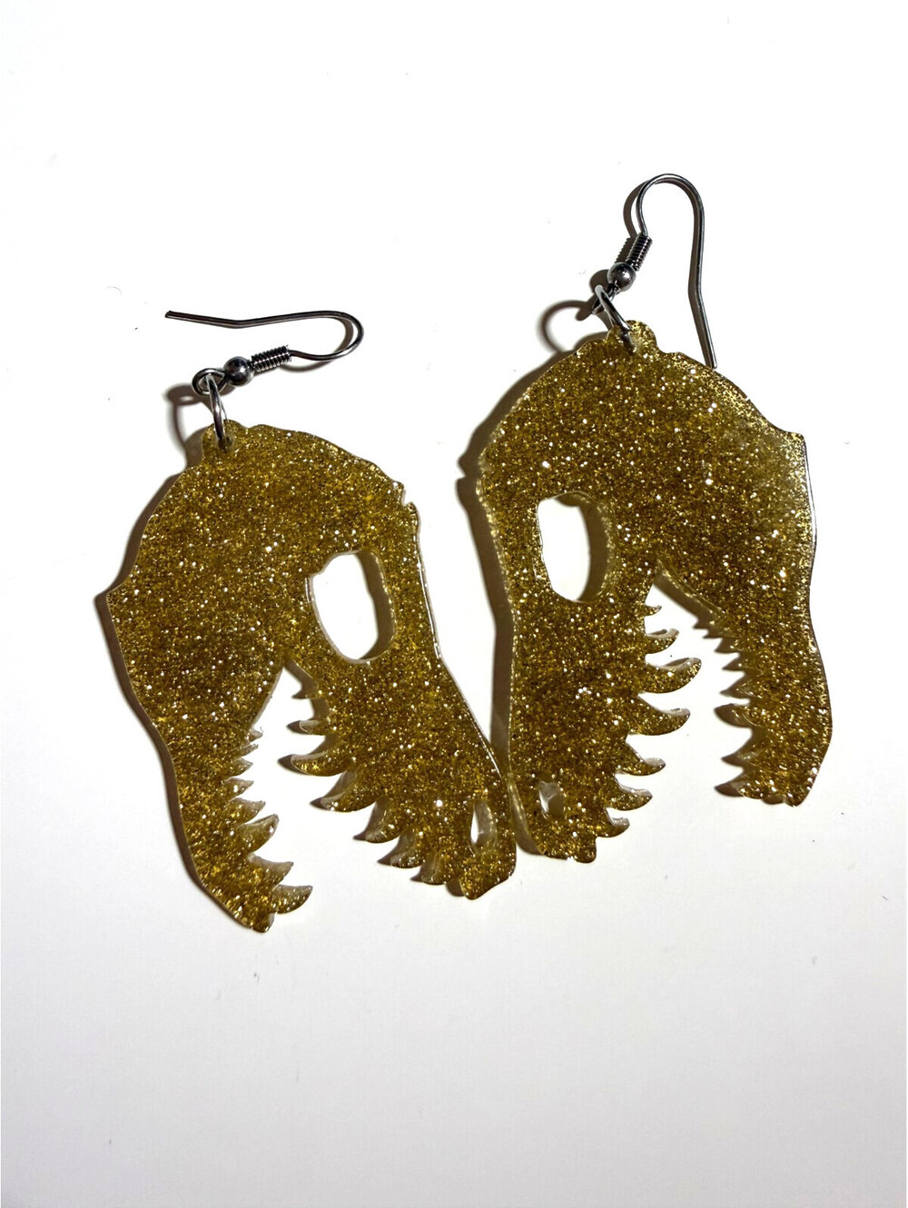 T-Rex Glitter Drop Earrings - Erstwilder Essentials Gold Resin Dinosaur Skull